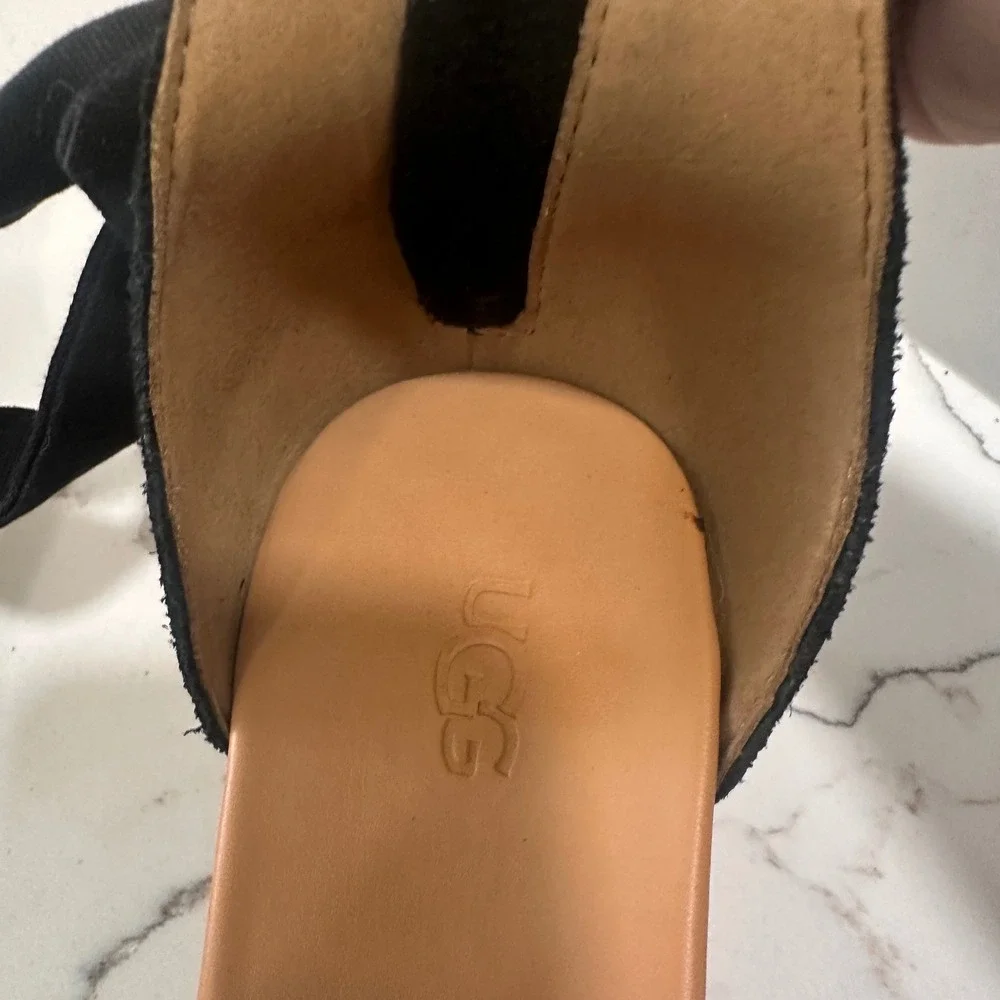 UGG Trina Wedge Sandals Womens 8 Black Espadrille Ankle Tie Jute Coastal Summer